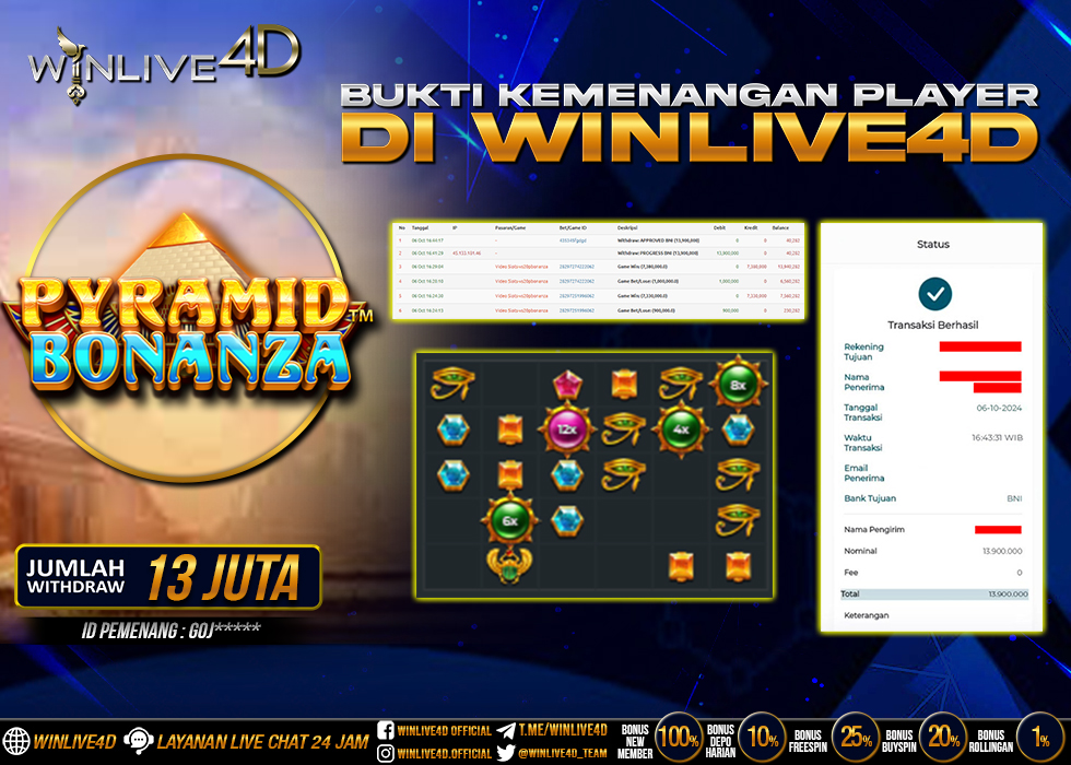 WINLIVE4D JACKPOT SLOT PYRAMID BONANZA Rp.13.900.000.,- LUNAS