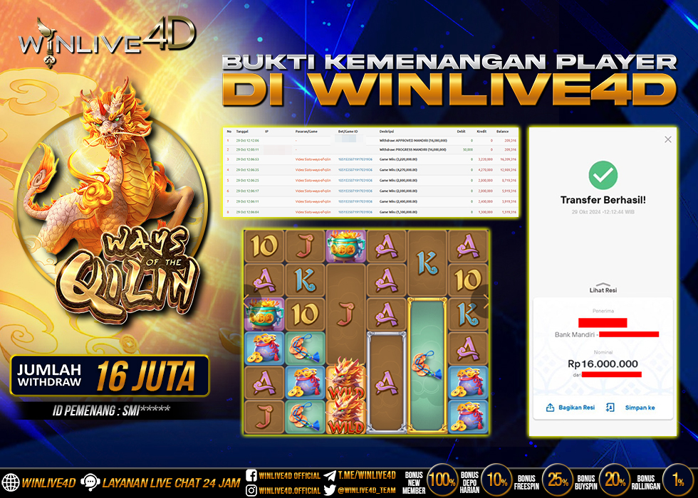 WINLIVE4D JACKPOT SLOT WAYS OF THE QILIN Rp.16.000.000.,- LUNAS