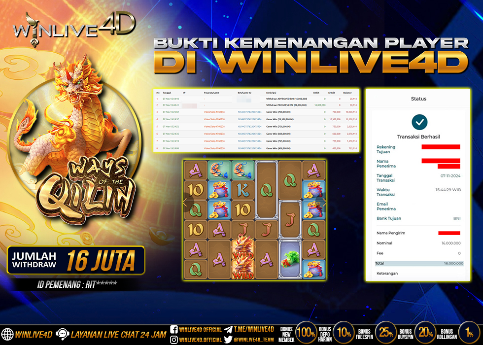 WINLIVE4D JACKPOT SLOT WAYS OF THE QILIN Rp.16.000.000.,- LUNAS