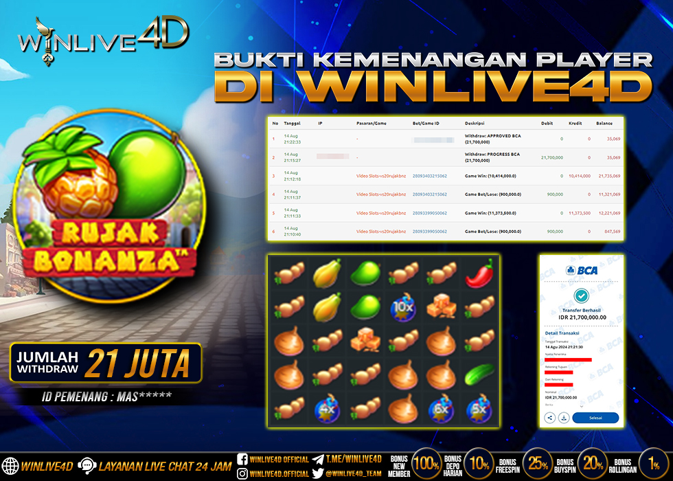 WINLIVE4D JACKPOT SLOT RUJAK BONANZA Rp.21.700.000.,- LUNAS