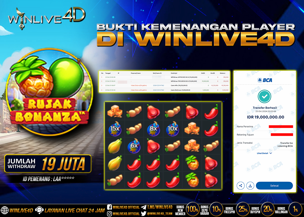 WINLIVE4D JACKPOT SLOT RUJAK BONANZA Rp.19.000.000.,- LUNAS