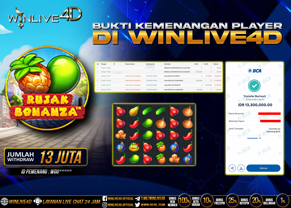 WINLIVE4D JACKPOT SLOT RUJAK BONANZA Rp.13.300.000.,- LUNAS