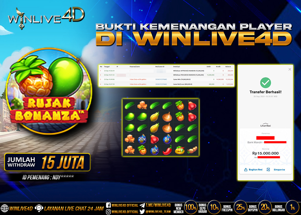 WINLIVE4D JACKPOT SLOT RUJAK BONANZA Rp.15.000.000.,- LUNAS