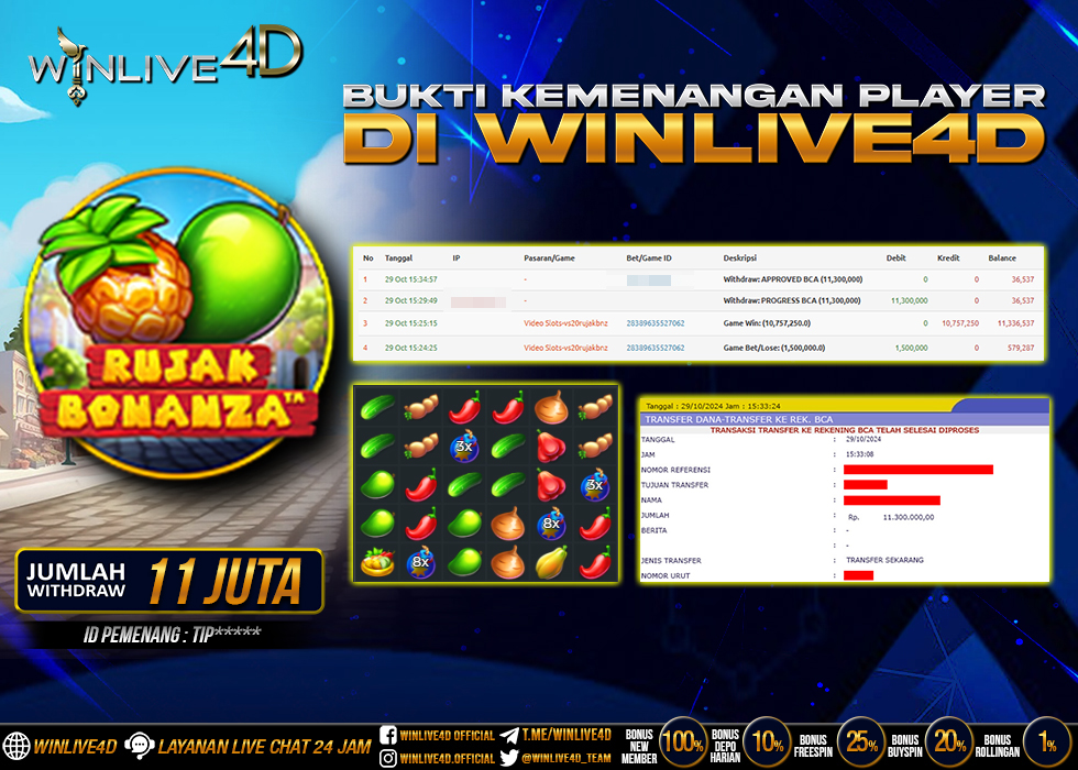 WINLIVE4D JACKPOT SLOT RUJAK BONANZA Rp.11.300.000.,- LUNAS