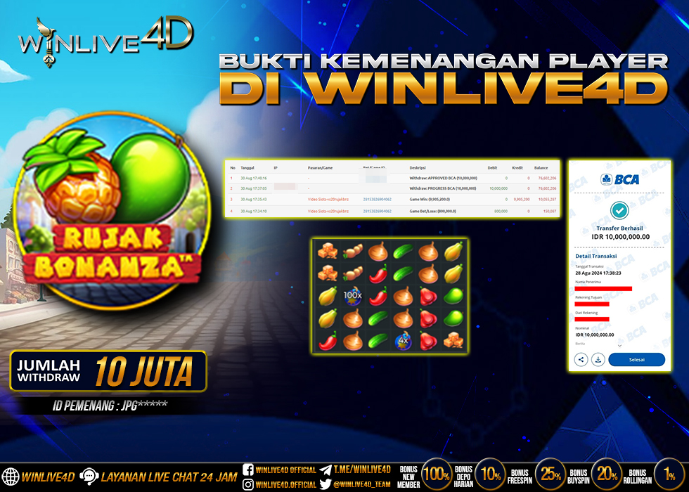 WINLIVE4D JACKPOT SLOT RUJAK BONANZA Rp.10.000.000.,- LUNAS