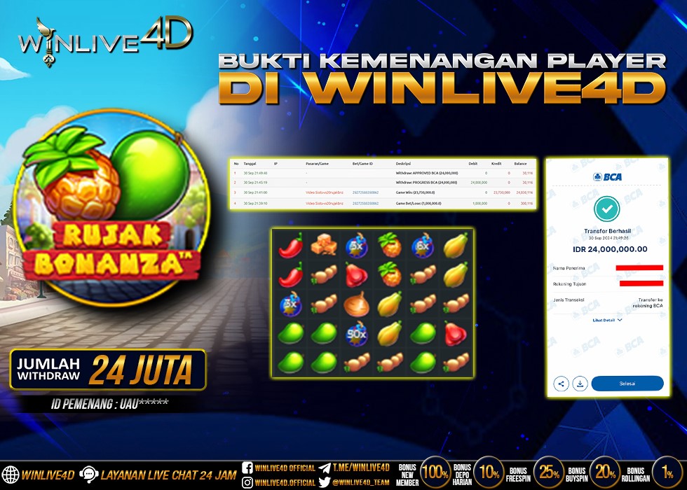 WINLIVE4D JACKPOT SLOT RUJAK BONANZA Rp.24.000.000.,- LUNAS