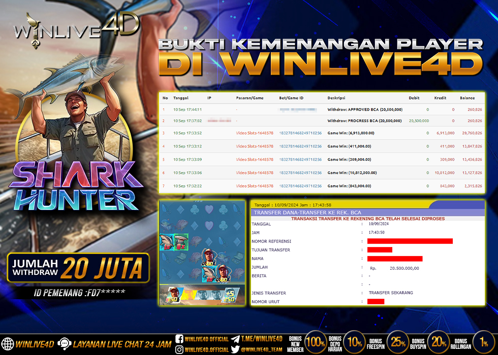 WINLIVE4D JACKPOT SLOT SHARK HUNTER RP.20.500.000.,- LUNAS