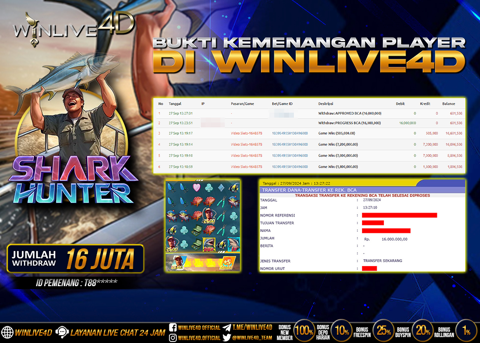 WINLIVE4D JACKPOT SHARK HUNTER Rp.16.000.000.,- LUNAS