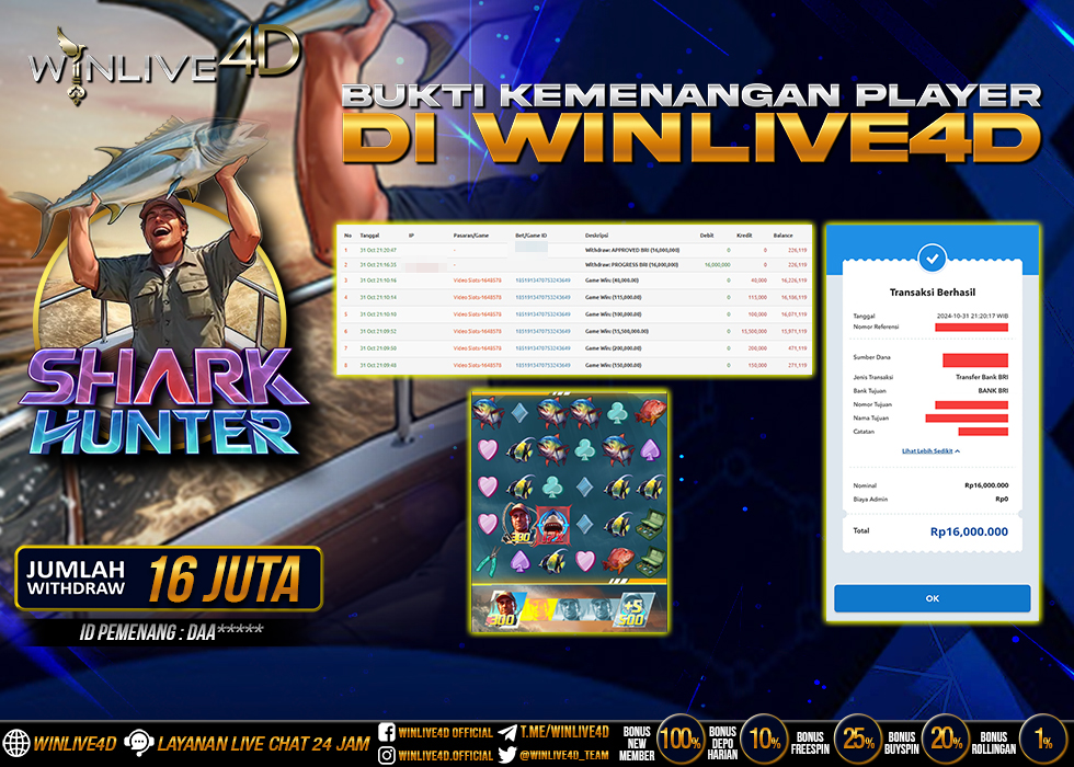 WINLIVE4D JACKPOT SHARK HUNTER Rp.16.000.000.,- LUNAS