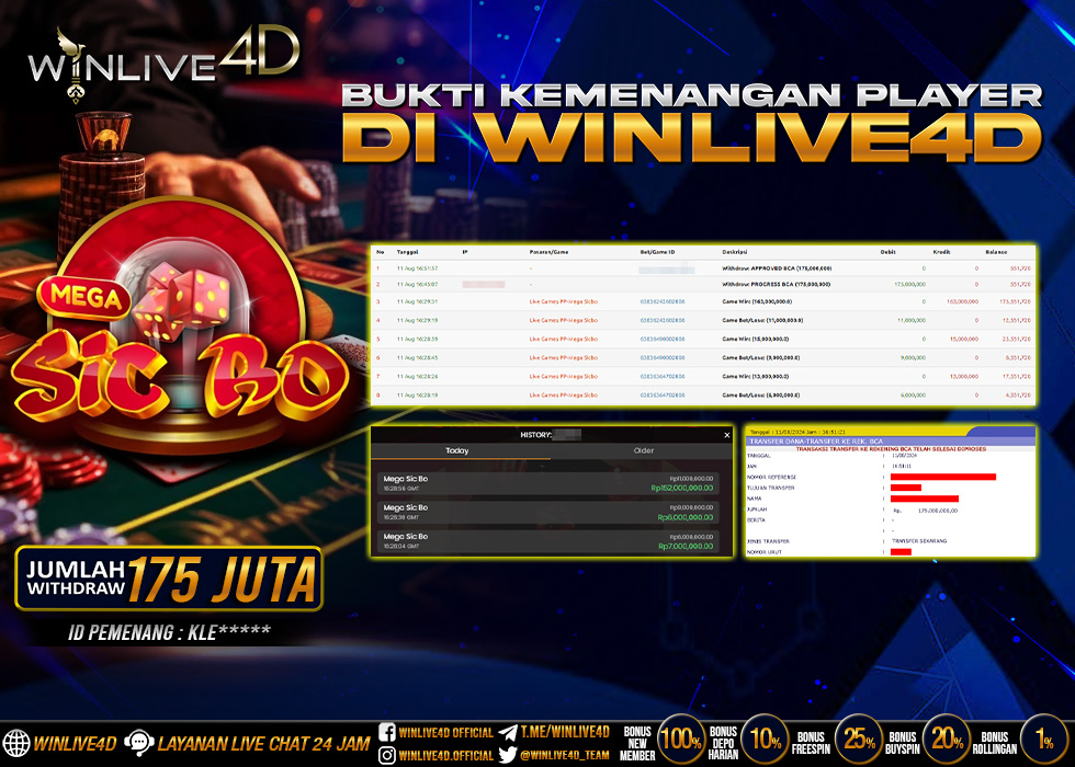 WINLIVE4D JACKPOT LIVE CASINO MEGA SICBO Rp.175.000.000.,- LUNAS