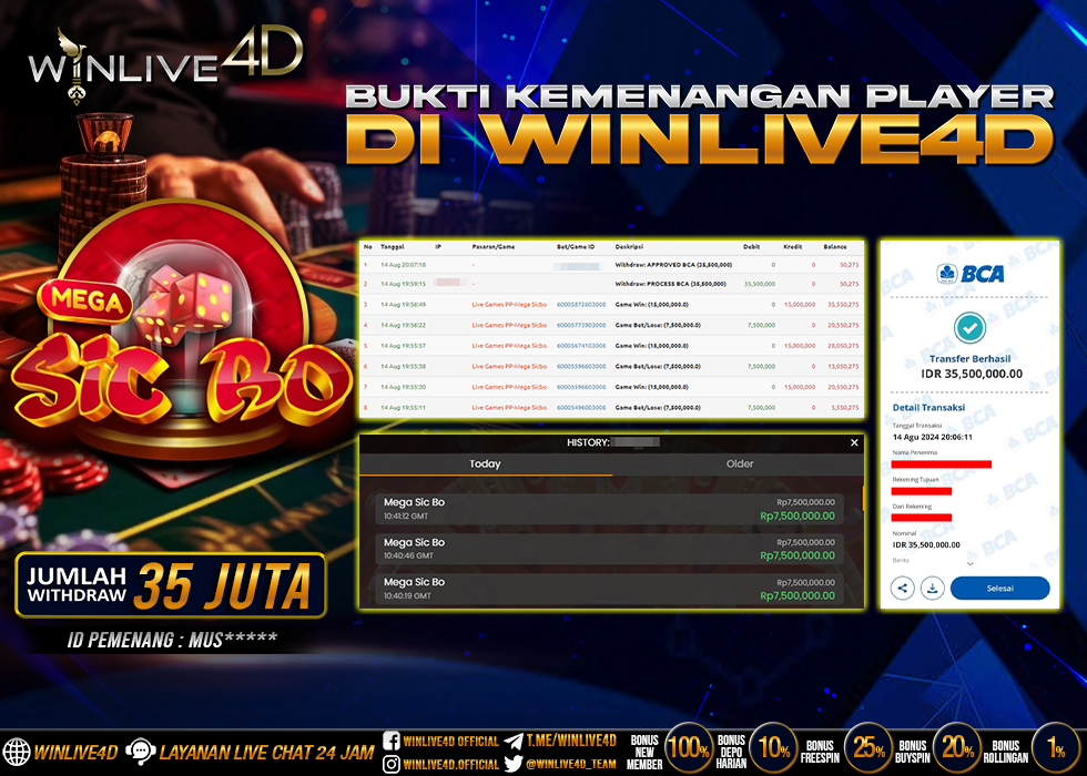 WINLIVE4D JACKPOT LIVE CASINO MEGA SICBO Rp.175.000.000.,- LUNAS