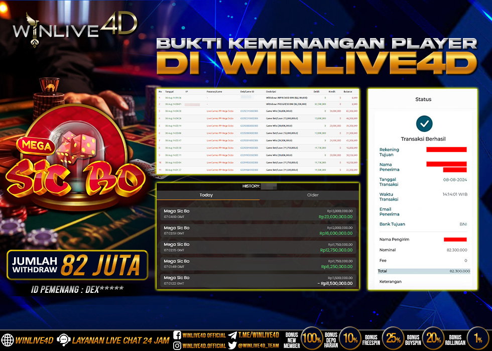 WINLIVE4D JACKPOT LIVE CASINO MEGA SICBO Rp.82.000.000.,- LUNAS