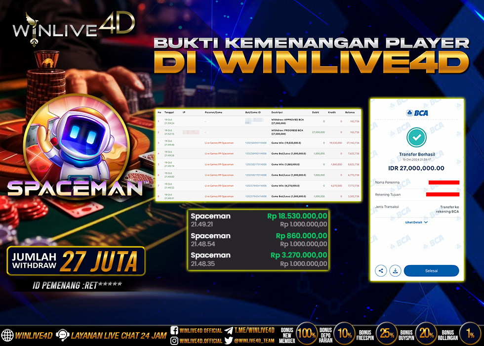 WINLIVE4D JACKPOT SPACEMAN Rp.27.000.000.,- LUNAS