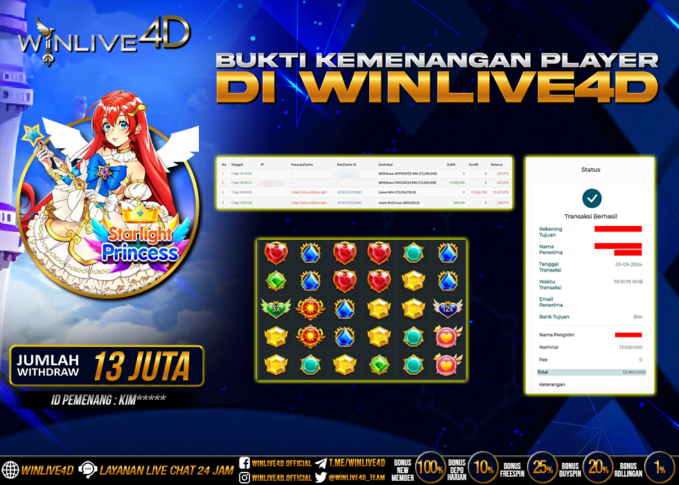WINLIVE4D JACKPOT SLOT STARLIGHT PRINCESS Rp.13.000.000.,- LUNAS