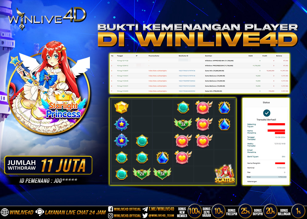 WINLIVE4D JACKPOT STARLIGHT PRINCESS Rp.11.000.000.,- LUNAS