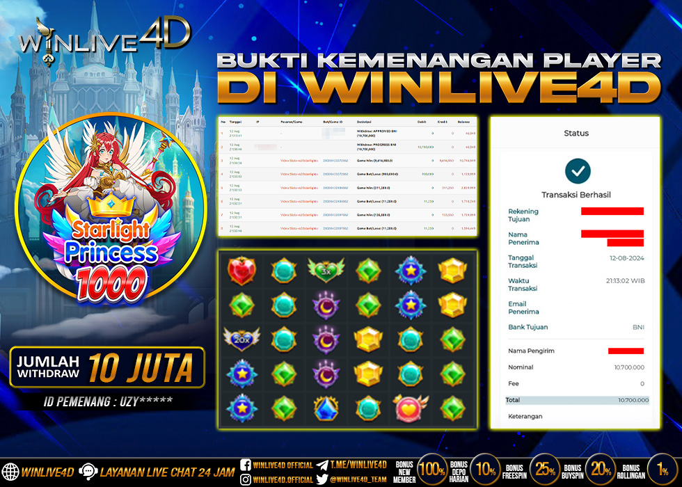 WINLIVE4D JACKPOT SLOT STARLIGHT PRINCESS 1000 Rp.10.700.000.,- LUNAS
