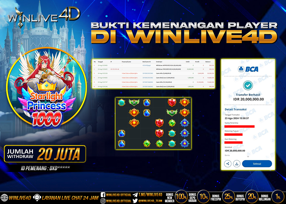 WINLIVE4D JACKPOT SLOT STARLIGHT PRINCESS 1000 Rp.20.000.000.,- LUNAS