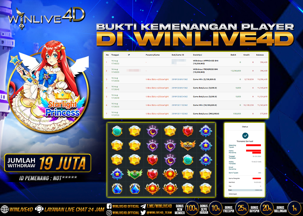 WINLIVE4D JACKPOT SLOT STARLIGHT PRINCESS Rp.19.500.000.,- LUNAS