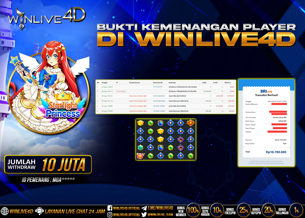 WINLIVE4D JACKPOT SLOT STARLIGHT PRINCESS Rp.10.700.000.,- LUNAS