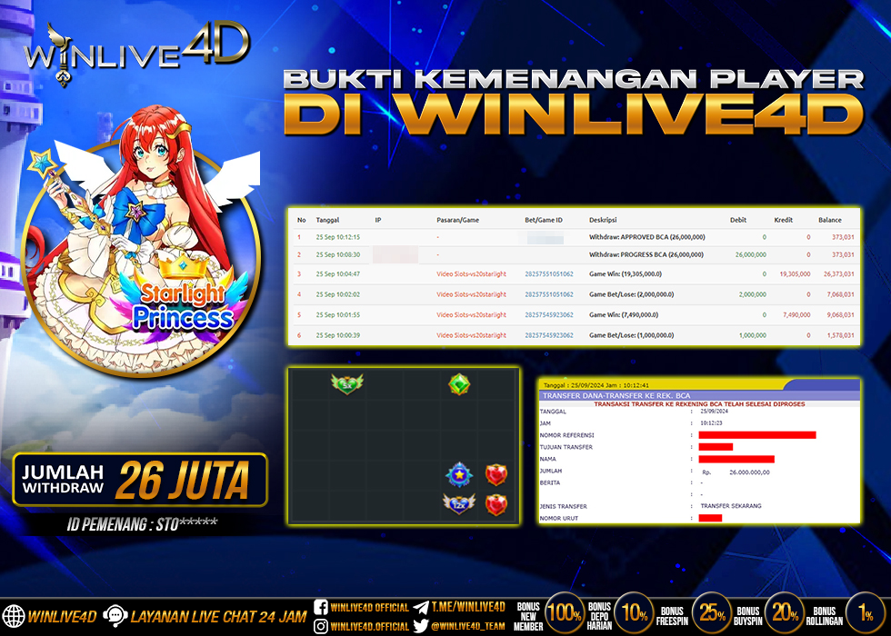 WINLIVE4D JACKPOT SLOT STARLIGHT PRINCESS Rp.26.000.000.,- LUNAS