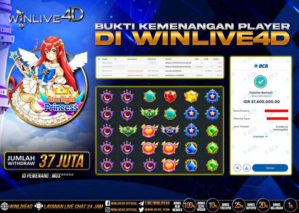 WINLIVE4D JACKPOT SLOT STARLIGHT PRINCESS Rp.37.400.000.,- LUNAS