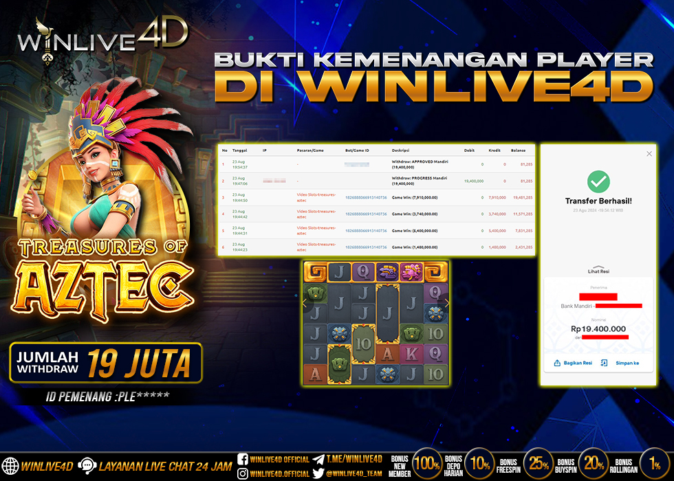 WINLIVE4D JACKPOT SLOT TREASURE OF AZTEC Rp.19.400.000.,- LUNAS