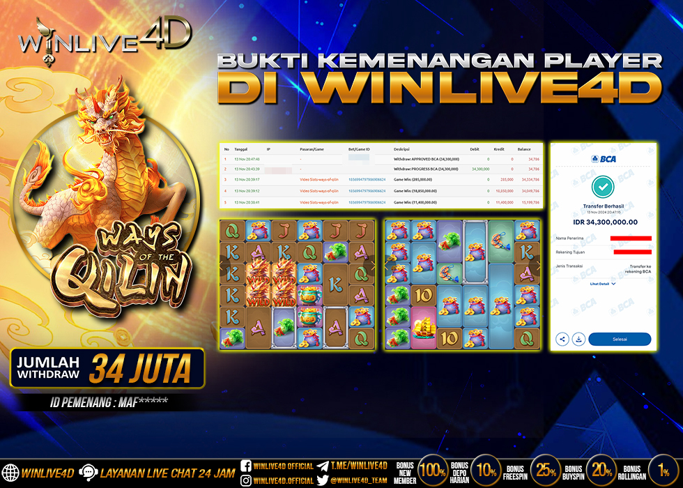 WINLIVE4D JACKPOT SLOT WAYS OF THE QILIN Rp.34.300.000.,- LUNAS