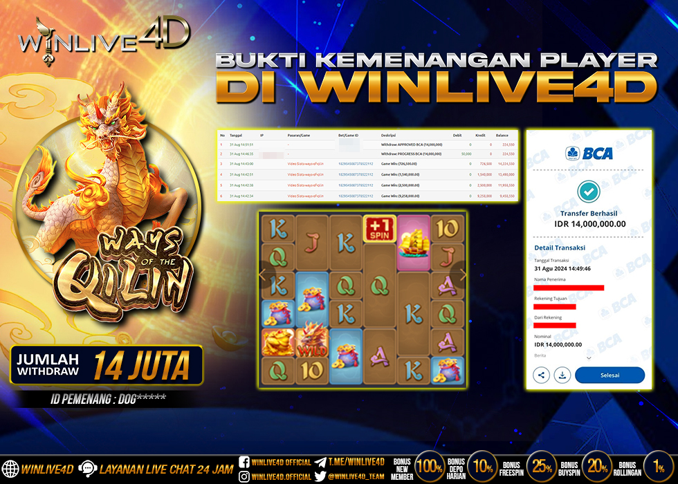 WINLIVE4D JACKPOT SLOT WAYS OF THE QILIN Rp.17.600.000.,- LUNAS