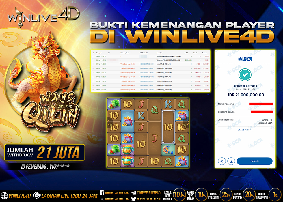 WINLIVE4D JACKPOT SLOT WAYS OF THE QILIN Rp.21.000.000.,- LUNAS