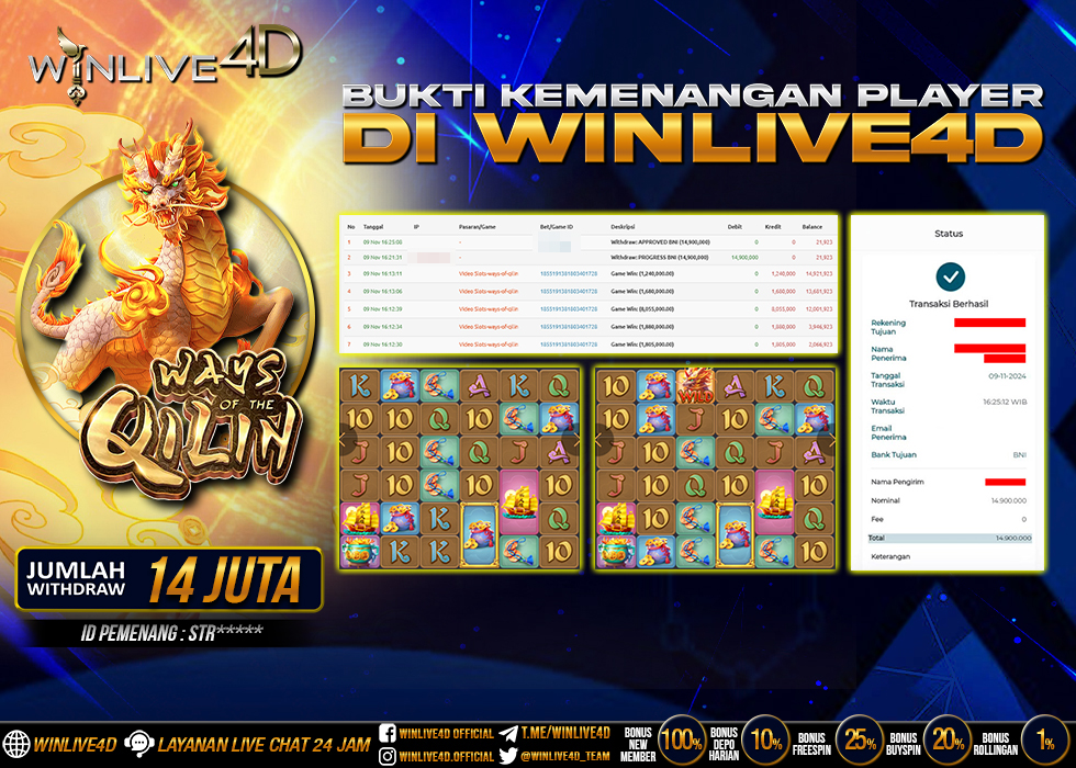 WINLIVE4D JACKPOT SLOT WAYS OF THE QILIN Rp.14.900.000.,- LUNAS