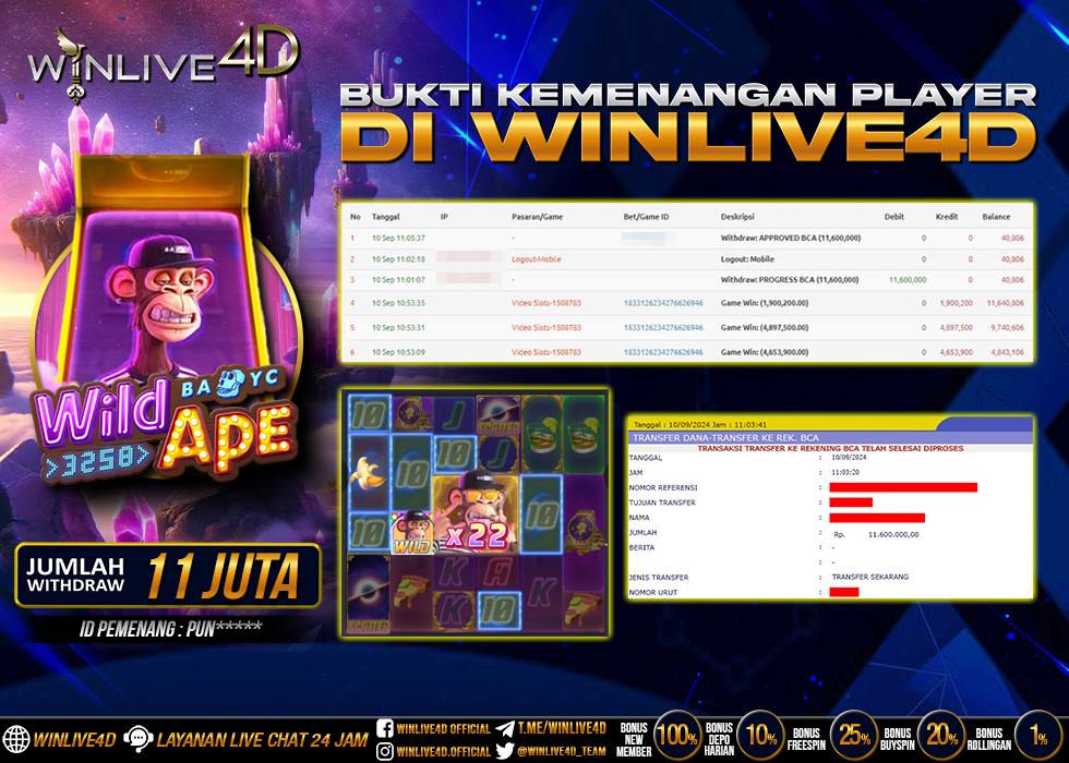 WINLIVE4D JACKPOT WILD APE Rp.11.000.000.,- LUNAS