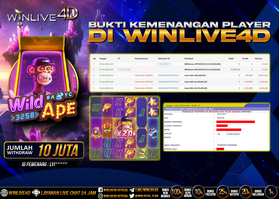 WINLIVE4D JACKPOT SLOT WILD APE Rp.10.000.000.,- LUNAS