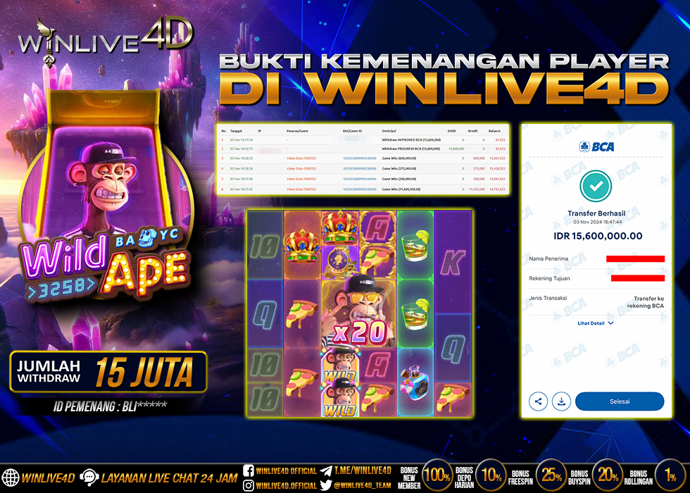 WINLIVE4D JACKPOT SLOT WILD APE Rp.15.600.000.,- LUNAS