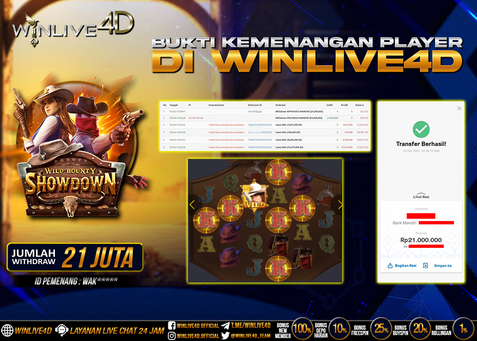 WINLIVE4D JACKPOT WILD BOUNTY SHOWDOWN Rp.21.000.000.,- LUNAS