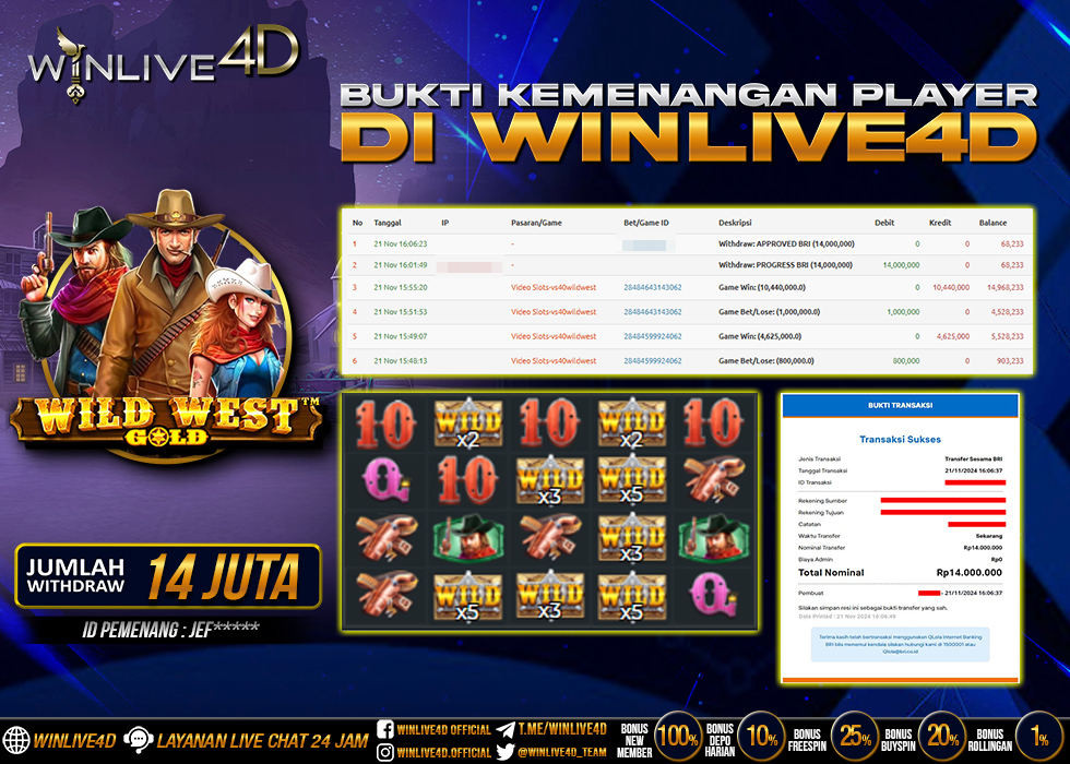 WINLIVE4D JACKPOT SLOT WILD WEST GOLD Rp.14.000.000.,- LUNAS