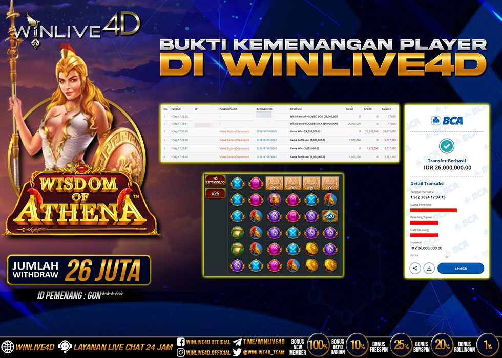 WINLIVE4D JACKPOT SLOT WISDOM OF ATHENA RP.26.000.000.,- LUNAS