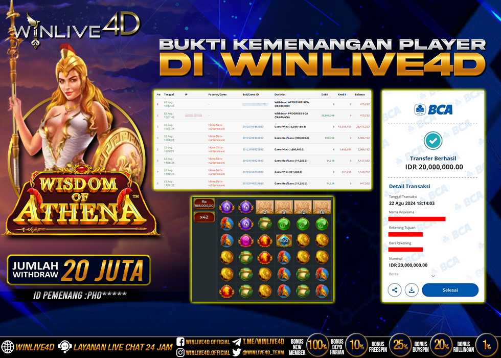 WINLIVE4D JACKPOT SLOT WISDOM OF ATHENA RP.20.000.000.,- LUNAS