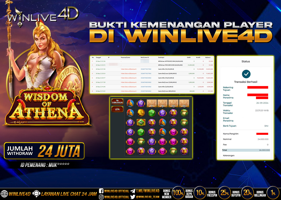 WINLIVE4D JACKPOT SLOT WISDOM OF ATHENA RP.24.000.000.,- LUNAS