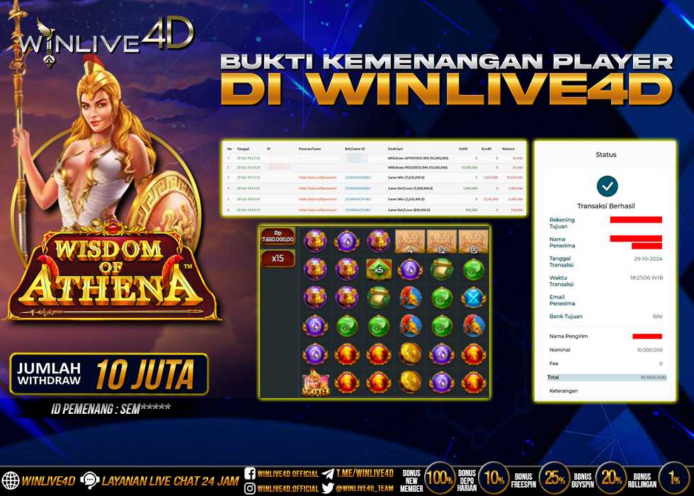 WINLIVE4D JACKPOT SLOT WISDOM OF ATHENA RP.10.000.000.,- LUNAS