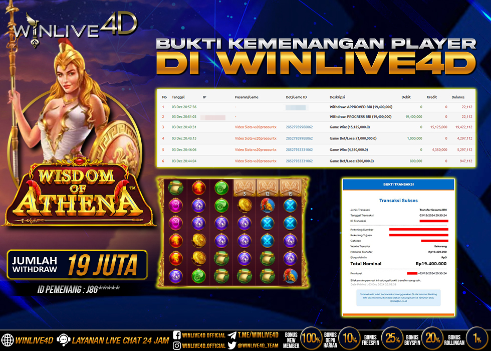 WINLIVE4D JACKPOT SLOT WISDOM OF ATHENA RP.19.400.000.,- LUNAS
