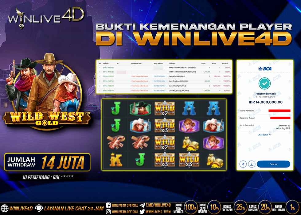 WINLIVE4D JACKPOT SLOT WILD WEST GOLD Rp.14.000.000.,- LUNAS