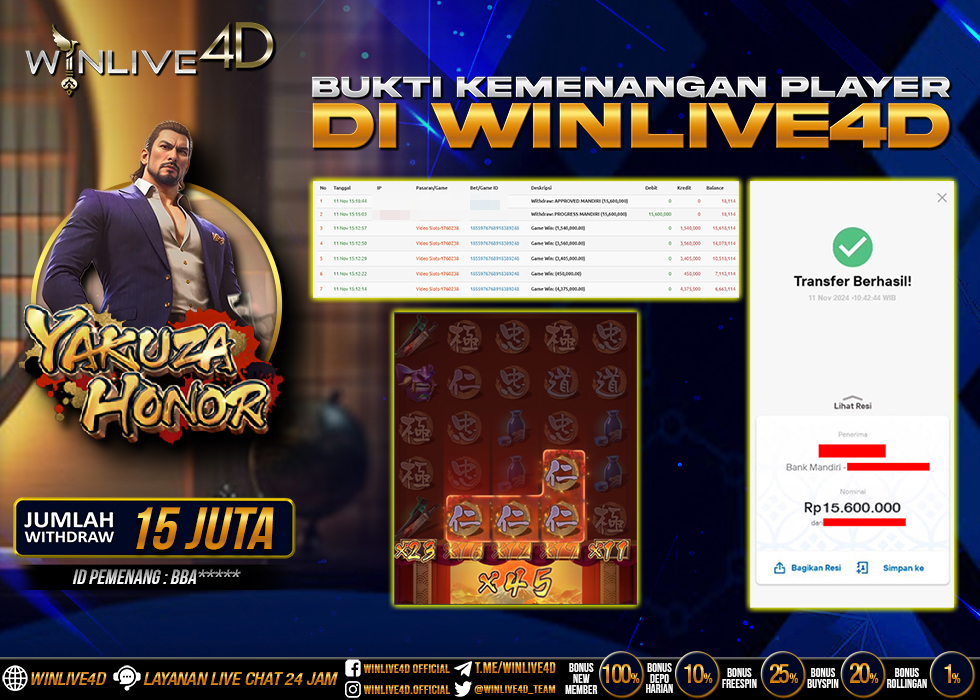 WINLIVE4D JACKPOT SLOT YAKUZA HONOR Rp.15.600.000.,- LUNAS