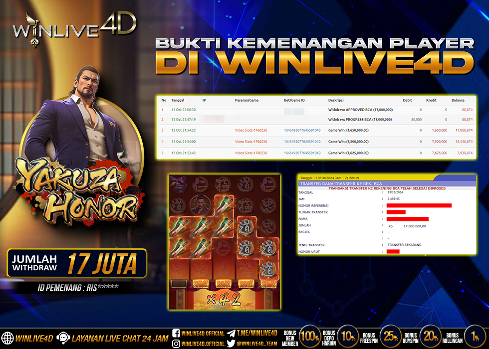 WINLIVE4D JACKPOT SLOT YAKUZA HONOR Rp.17.000.000.,- LUNAS