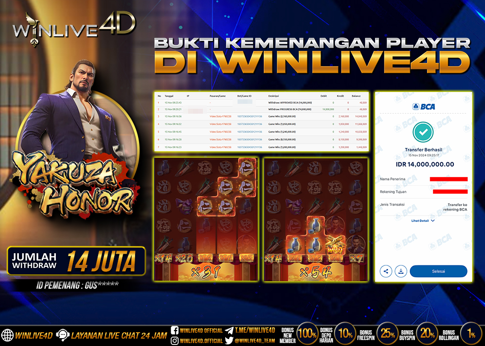 WINLIVE4D JACKPOT SLOT YAKUZA HONOR Rp.14.000.000.,- LUNAS