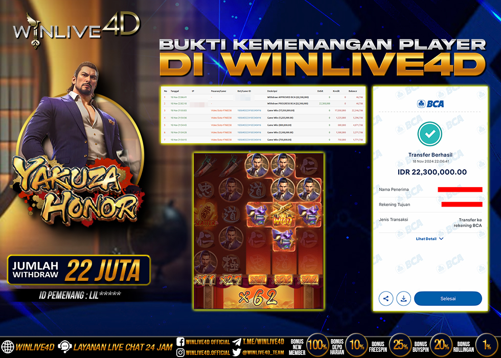 WINLIVE4D JACKPOT SLOT YAKUZA HONOR Rp.22.300.000.,- LUNAS