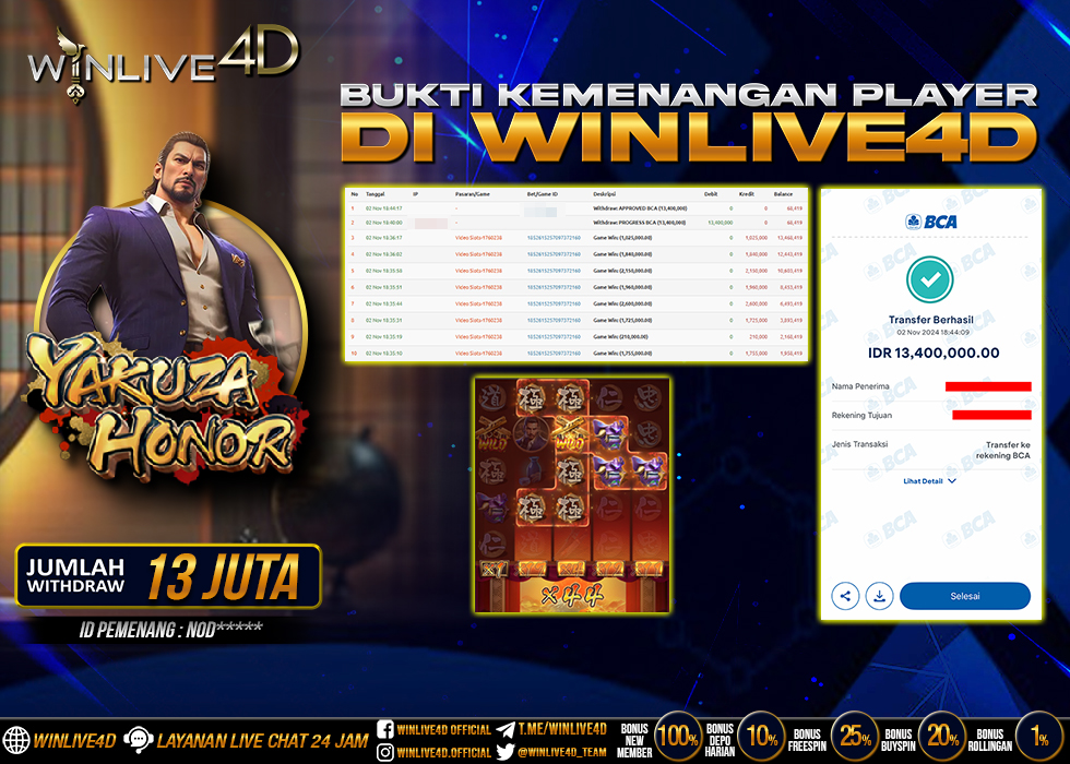 WINLIVE4D JACKPOT SLOT YAKUZA HONOR Rp.13.400.000.,- LUNAS