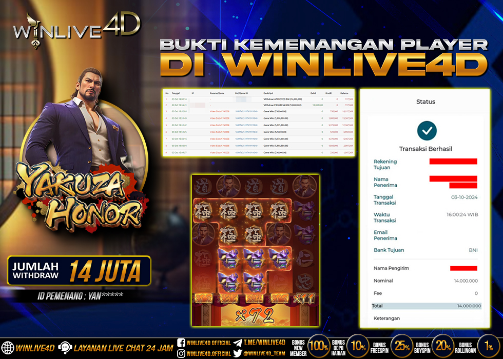WINLIVE4D JACKPOT SLOT YAKUZA HONOR Rp.14.000.000.,- LUNAS