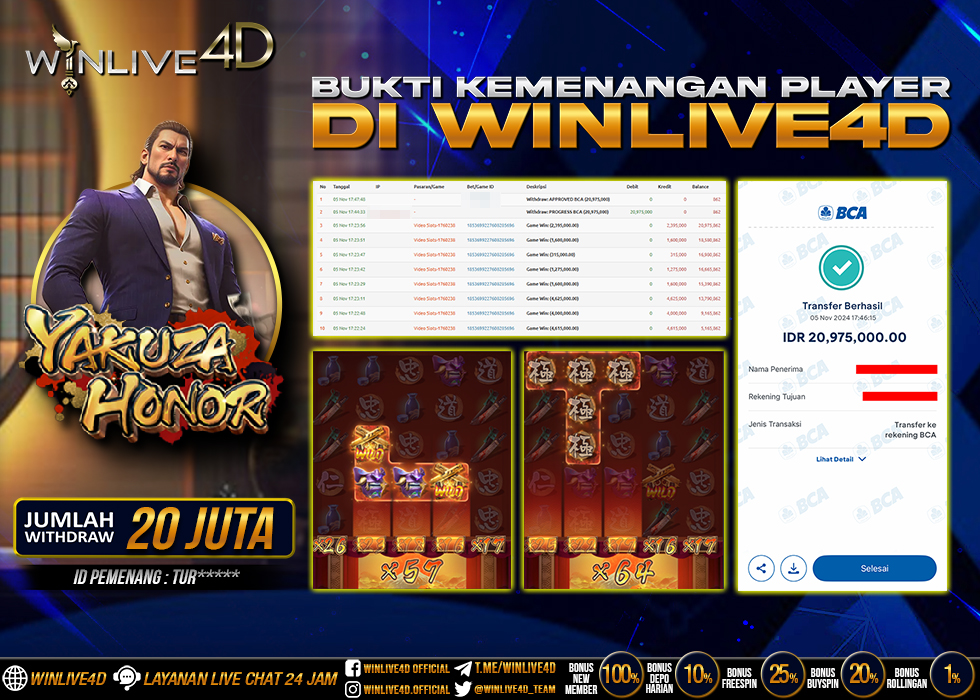 WINLIVE4D JACKPOT SLOT YAKUZA HONOR Rp.20.975.000.,- LUNAS
