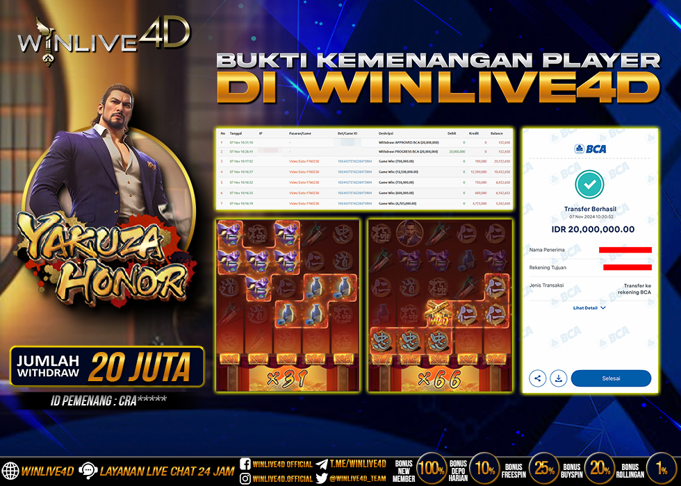 WINLIVE4D JACKPOT SLOT YAKUZA HONOR Rp.20.000.000.,- LUNAS