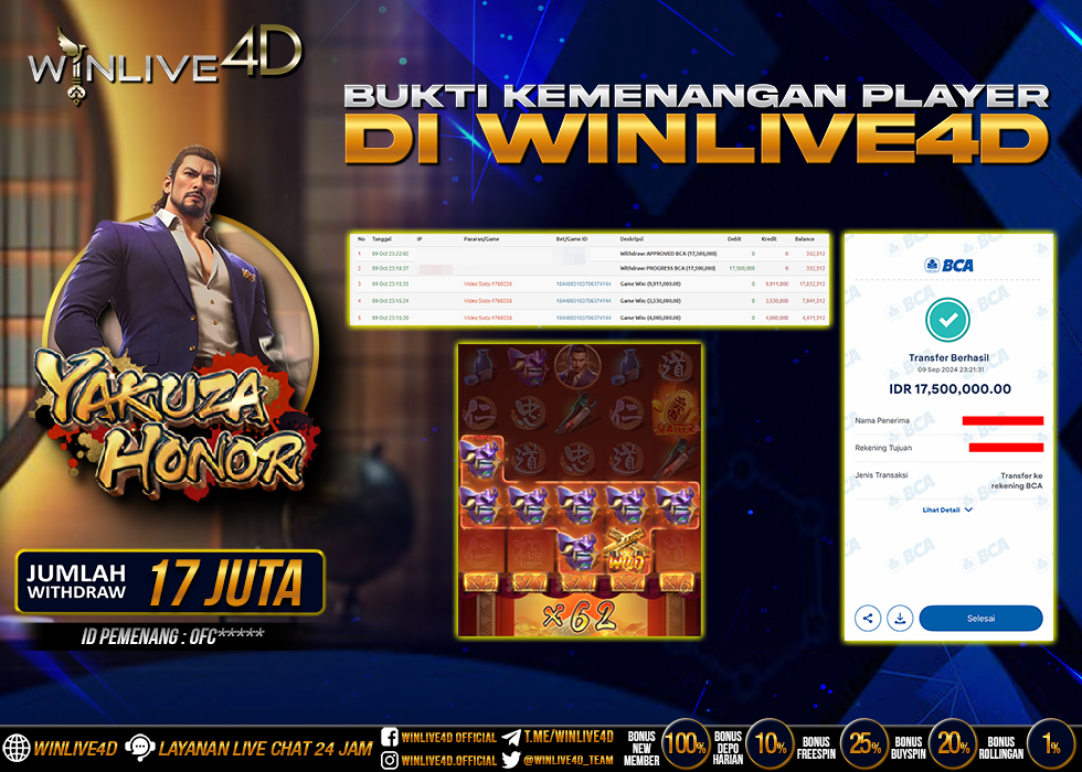 WINLIVE4D JACKPOT SLOT YAKUZA HONOR Rp.17.500.000.,- LUNAS